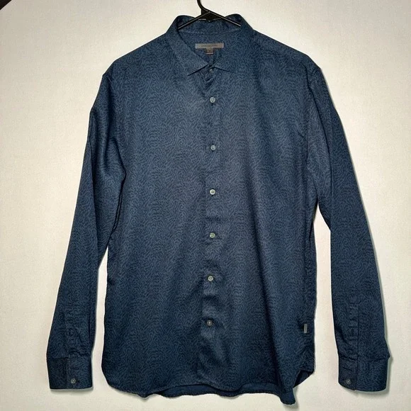 John Varvatos Button Shirt Mens Medium Blue Leopard Print Abstract Designer Club